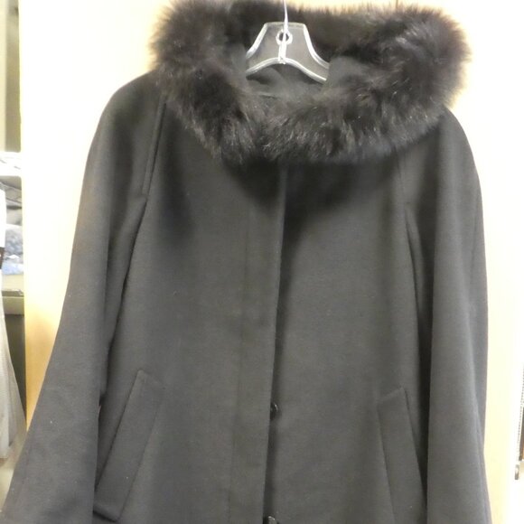 Kristen Blake Black Wool Coat With Real Fur Hood Ruff Size: 12P - Picture 1 of 12